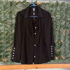 Missmoly,  woman’s Classic Black Button-Front Blouse with Pearl Buttons size L